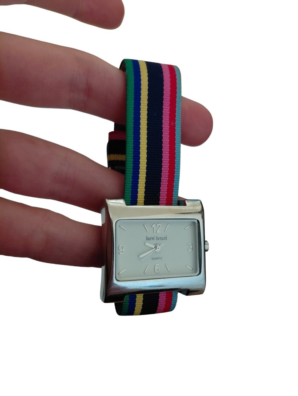Silver Watch with Striped Strap